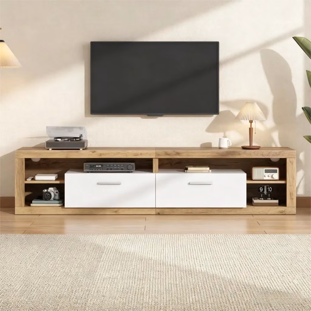 Cassettiera per TV KOMHTOM moderna in MDF bianco e beige, L: 180 cm, P: 50 cm, H: 35,5 cm – 2