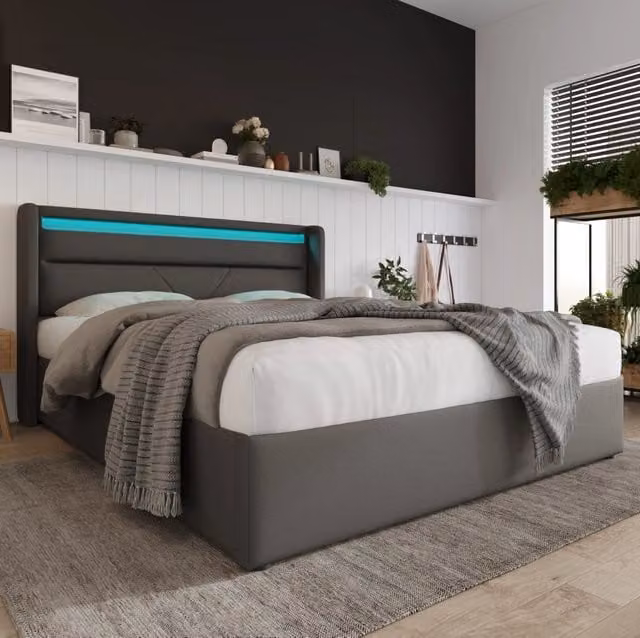 Letto contenitore 140x200 cm; con LED e sollevamento idraulico; PU grigio (Senza materasso)