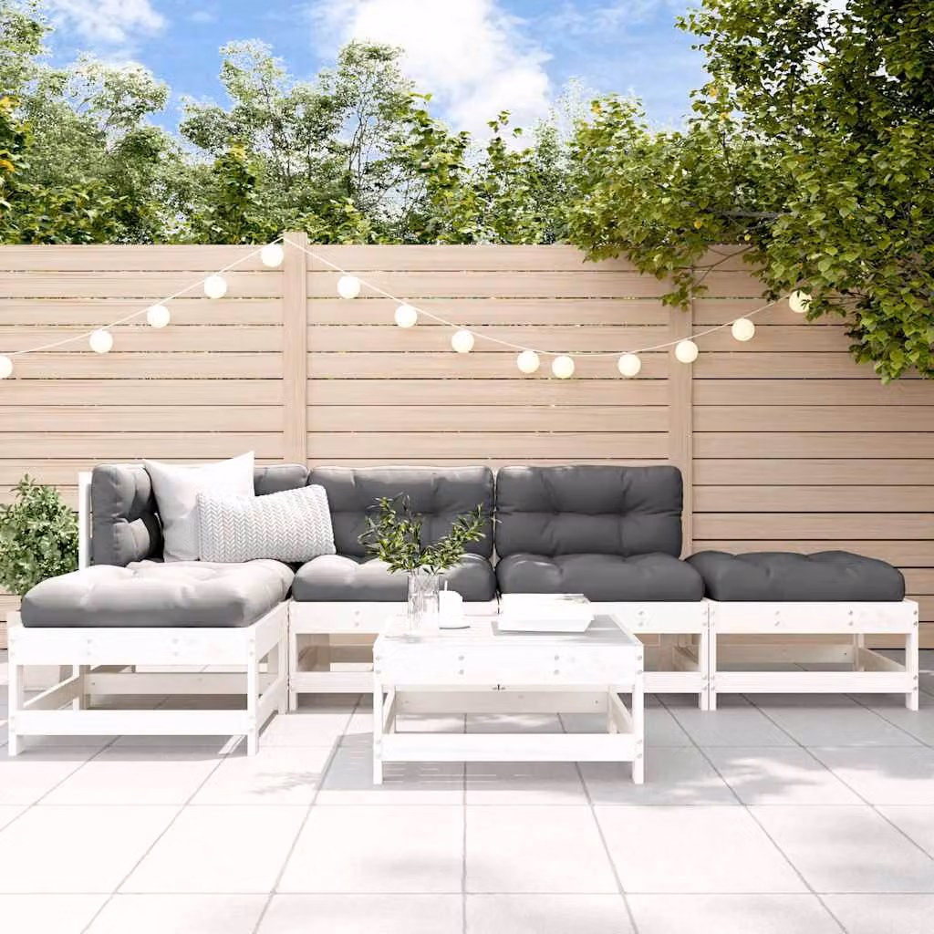 Set Salotto da Giardino vidaXL 6 pz in Legno di Pino Bianco con Cuscini e Design a L
