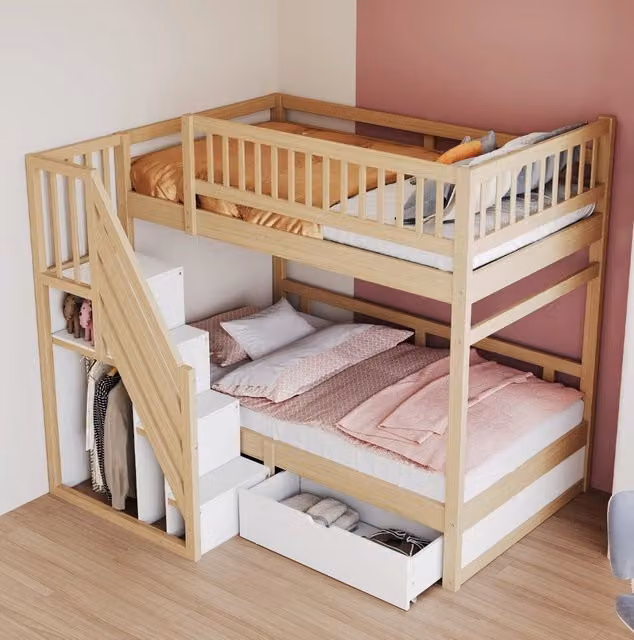 Letto a castello 90x200 cm con scala contenitore; sponde alte e cassetti