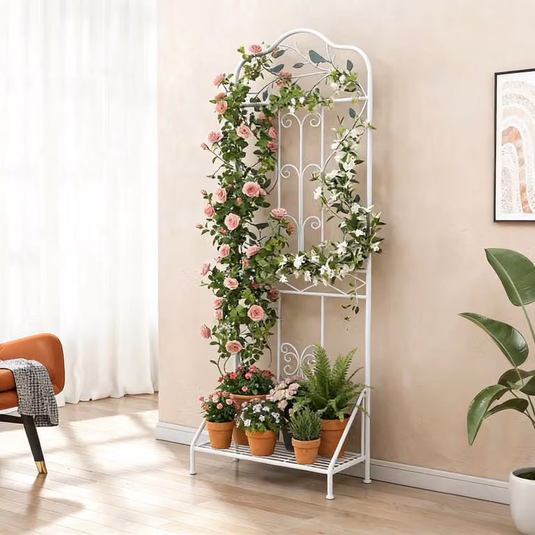 Graticcio da giardino Costway in metallo bianco con ripiano pieghevole e supporto per piante rampicanti e fiori