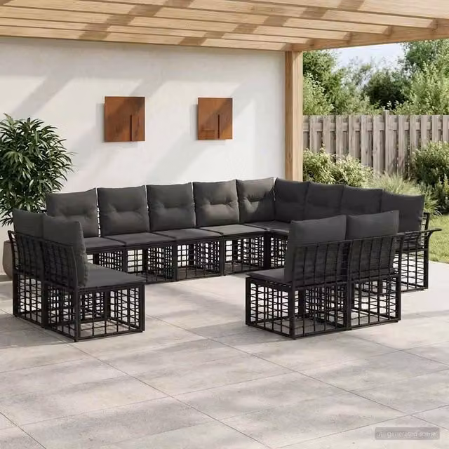 Set di divani da esterno 12 pz Nero e Grigio scuro Poliestere 3437793