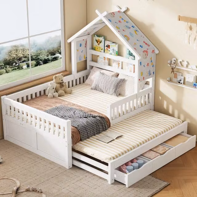 Desviae Letto per bambini a casetta 140 × 200 cm con letto estraibile 3 cassetti e sponde di sicurezza bianco in legno MDF