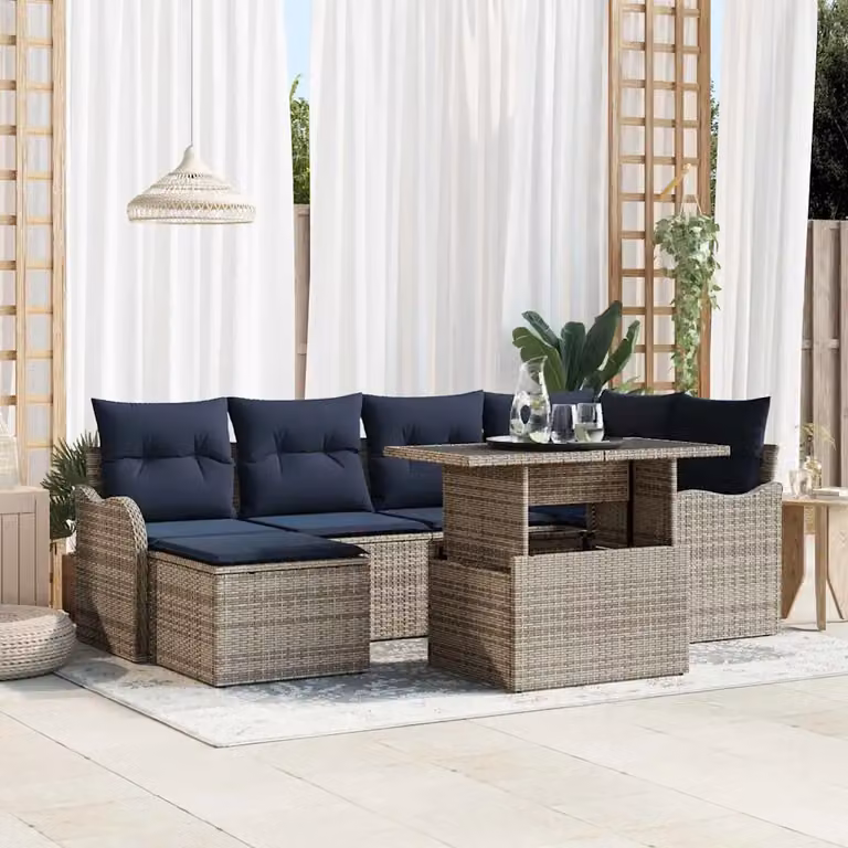 Set Divano da Giardino vidaXL 7 Pezzi a Forma di L in Poly Rattan Grigio con Tavolino e Cuscini