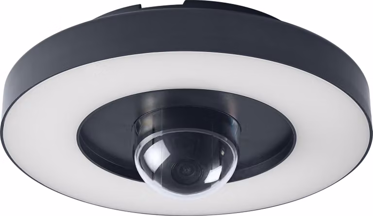 Lampada da parete e da soffitto per esterni OSRAM SMART+, con telecamera integrata, luce LED bianco caldo (3000K), corpo in policarbonato di alta qualità color grigio scuro, altoparlante integrato, slot per scheda di memoria, tecnologia Wi-Fi avanzata