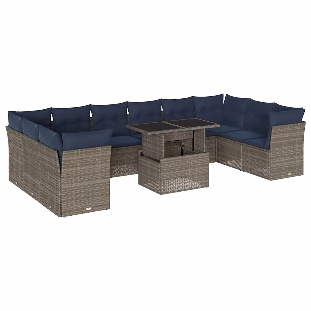 Set da giardino moderno vidaXL composto da 11 pezzi con divani a L, tavolino da caffè e cuscini grigi in polyrattan e acciaio verniciato a polvere – 2