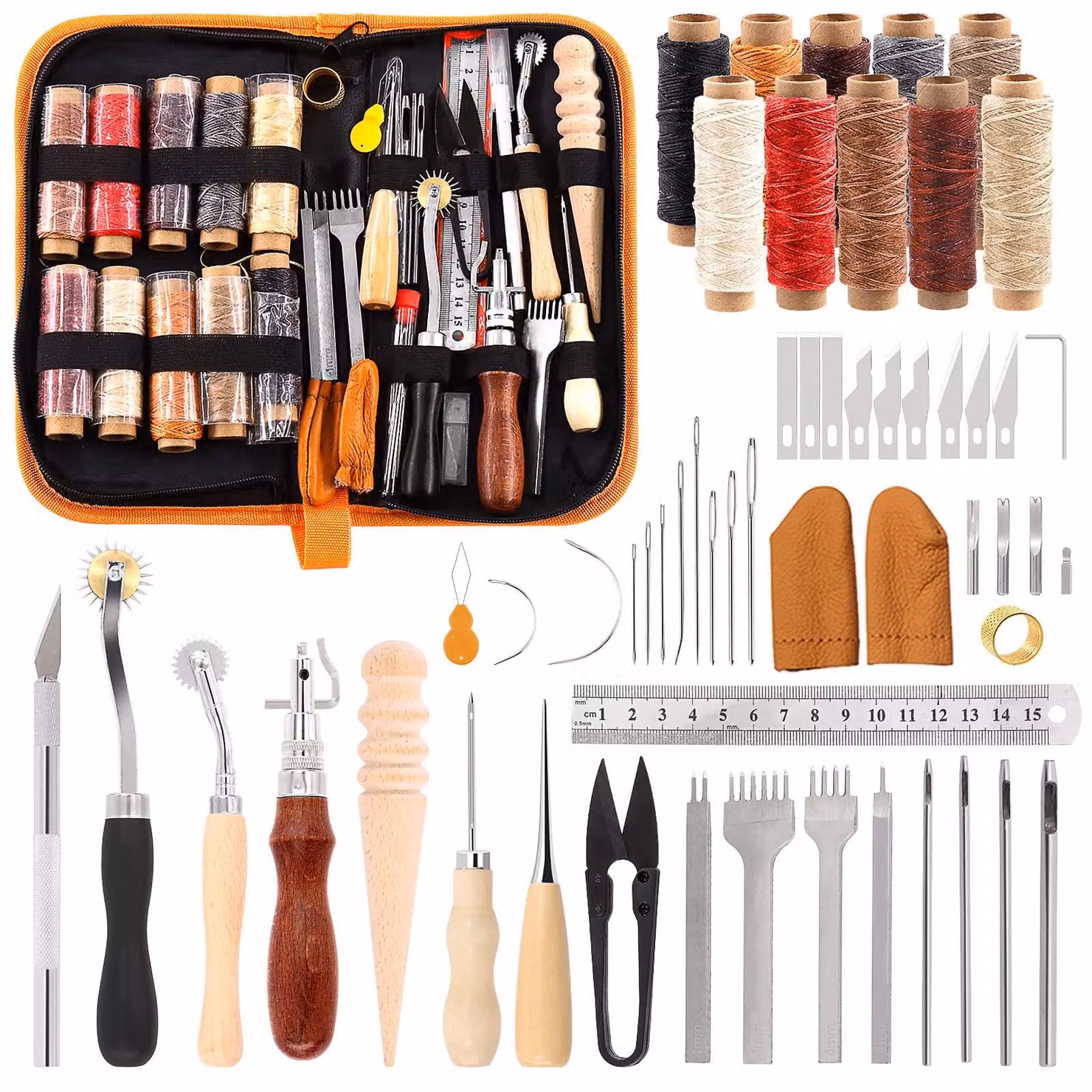 Set di 46 utensili in pelle, completo di filo, ago e strumento per forare