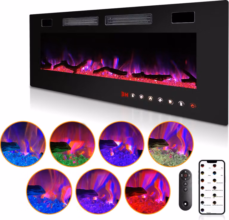 Jopassy caminetto elettrico da parete caminetto elettrico con riscaldamento 12 modalità di colore effetto fiamma LED, 750/1500 W caminetto stufa da parete e da incasso caminetto da parete riscaldamento funzione app telecomando touch screen, nero