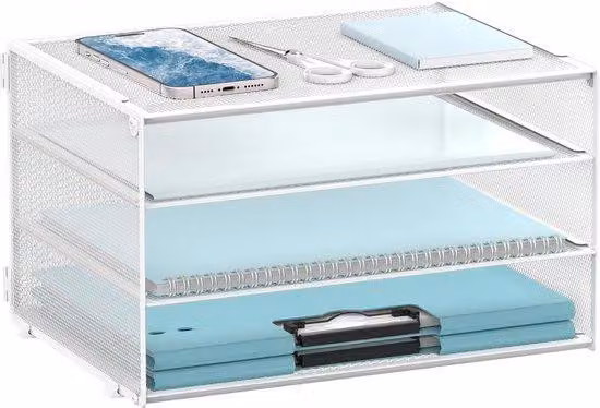 Organizer da scrivania SUPTIDY a 3 ripiani, in rete metallica, per la casa e l'ufficio, bianco