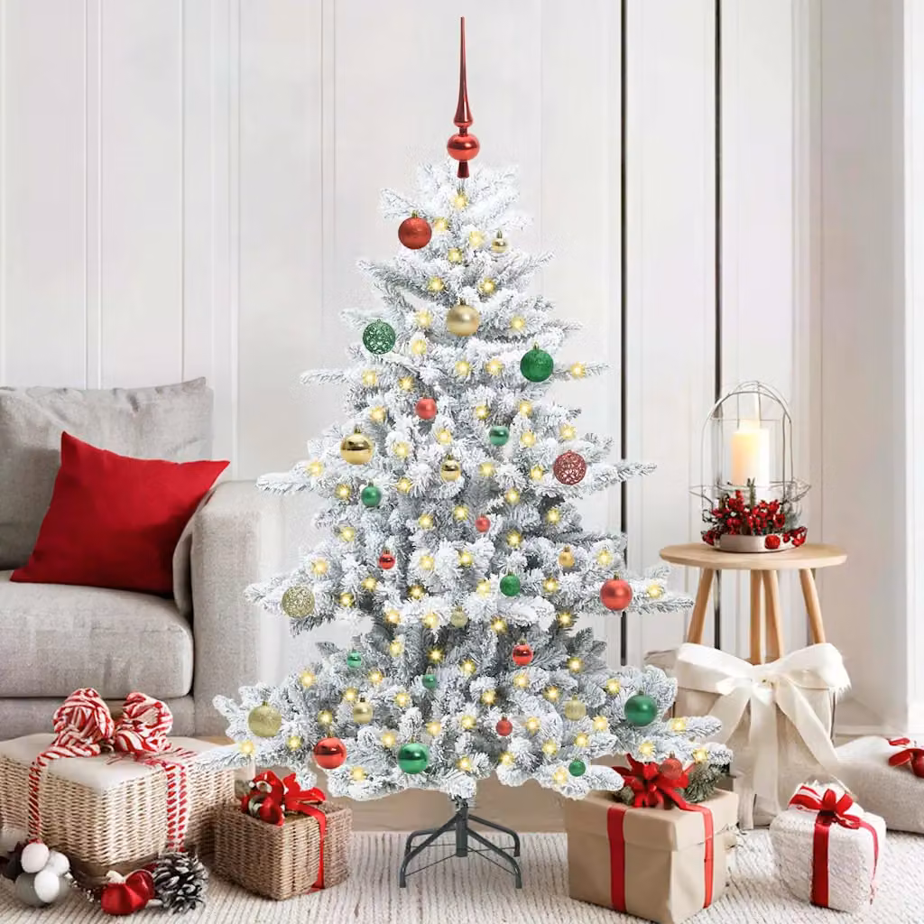 Albero di Natale Artificiale Moderno vidaXL Bianco con Luci LED Warm White e Rami Pieghevoli in PVC e Metallo, Altezza: 150 cm