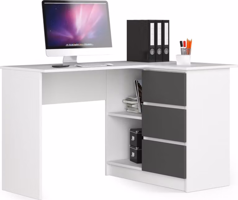 Scrivania angolare da 124 cm con 3 cassetti, scrivania per computer a forma di L, mobile angolare a 2 scomparti