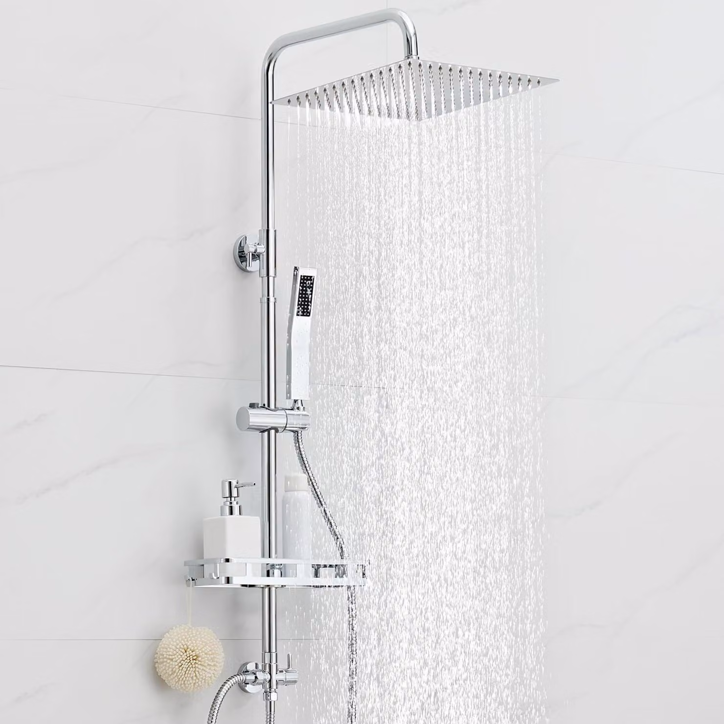 Colonna doccia con ripiano, soffione doccia 30x30 cm, barra regolabile da 72 a 110 cm