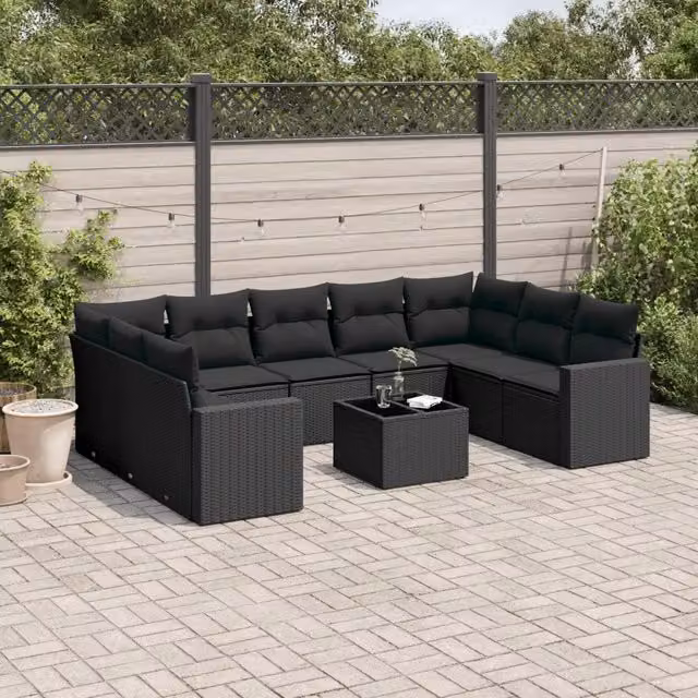Set Divani da Giardino 10pz con Cuscini in Polyrattan Nero 3219395