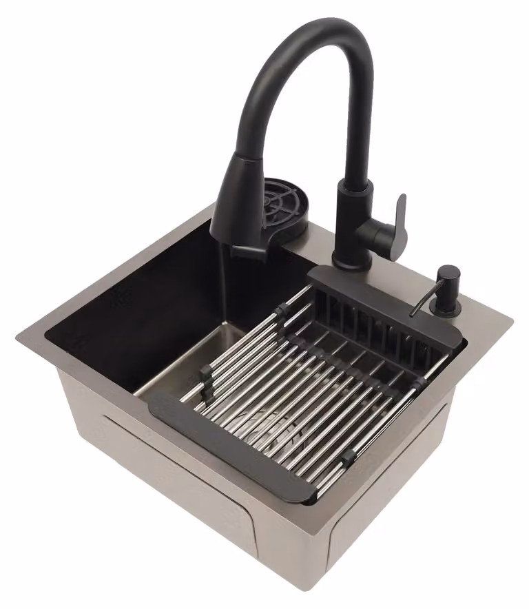 Combinazione lavello da cucina con miscelatore estraibile, portabicchieri, colore nero
