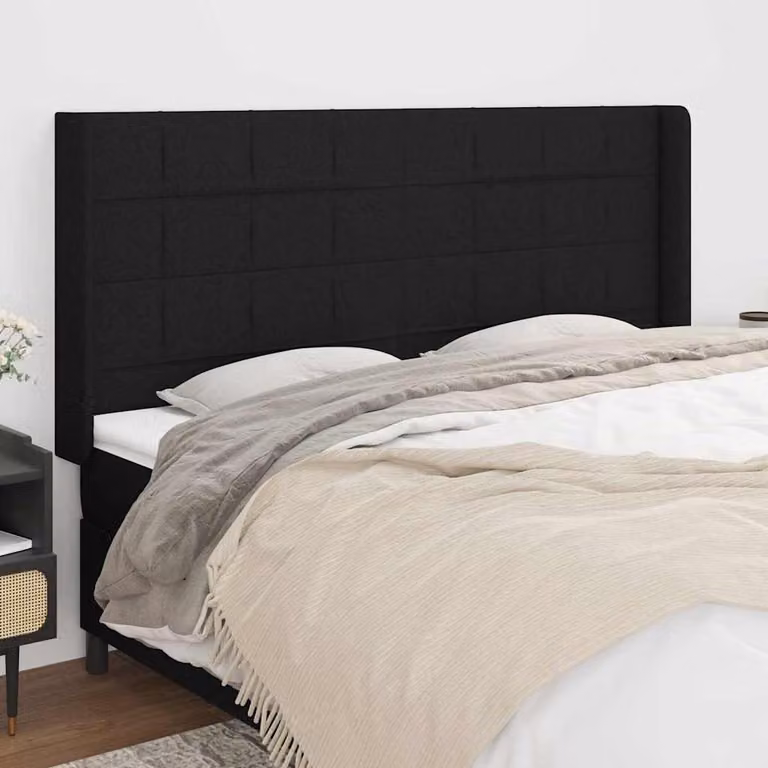 Testiera ad orecchio vidaXL in tessuto nero con struttura in legno L: 183 cm, P: 16 cm, H: 118-128 cm