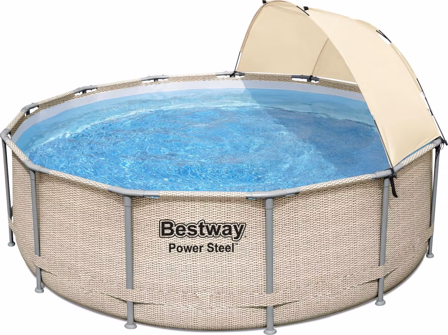 Bestway® Power Steel™ Frame Set completo di piscina con pompa filtro Ø 396 x 107 cm, aspetto rattan (ecru), rotondo