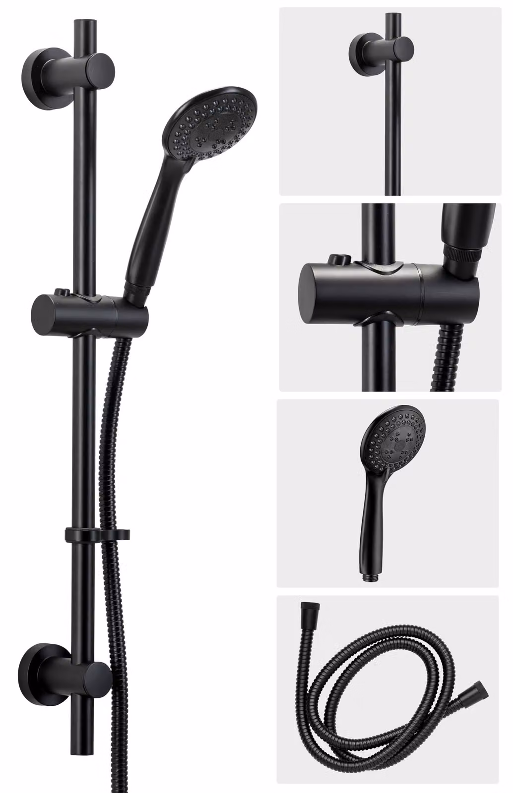 Set doccia a 3 funzioni, colore nero opaco, completo di tubo flessibile, asta e soffione