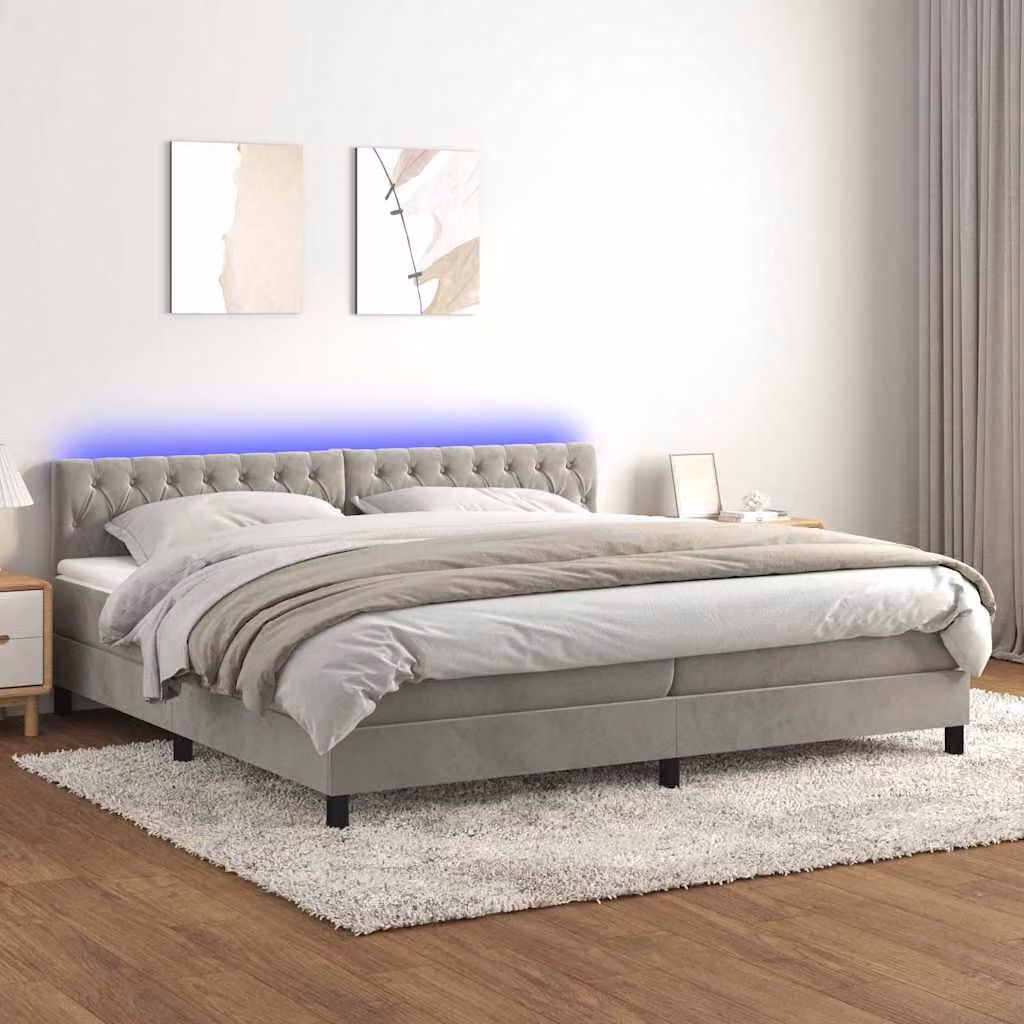 Letto Ibrido vidaXL con Materasso e Illuminazione LED, Rivestimento in Velluto Grigio Chiaro, L/P: 200 x 200 cm – 1