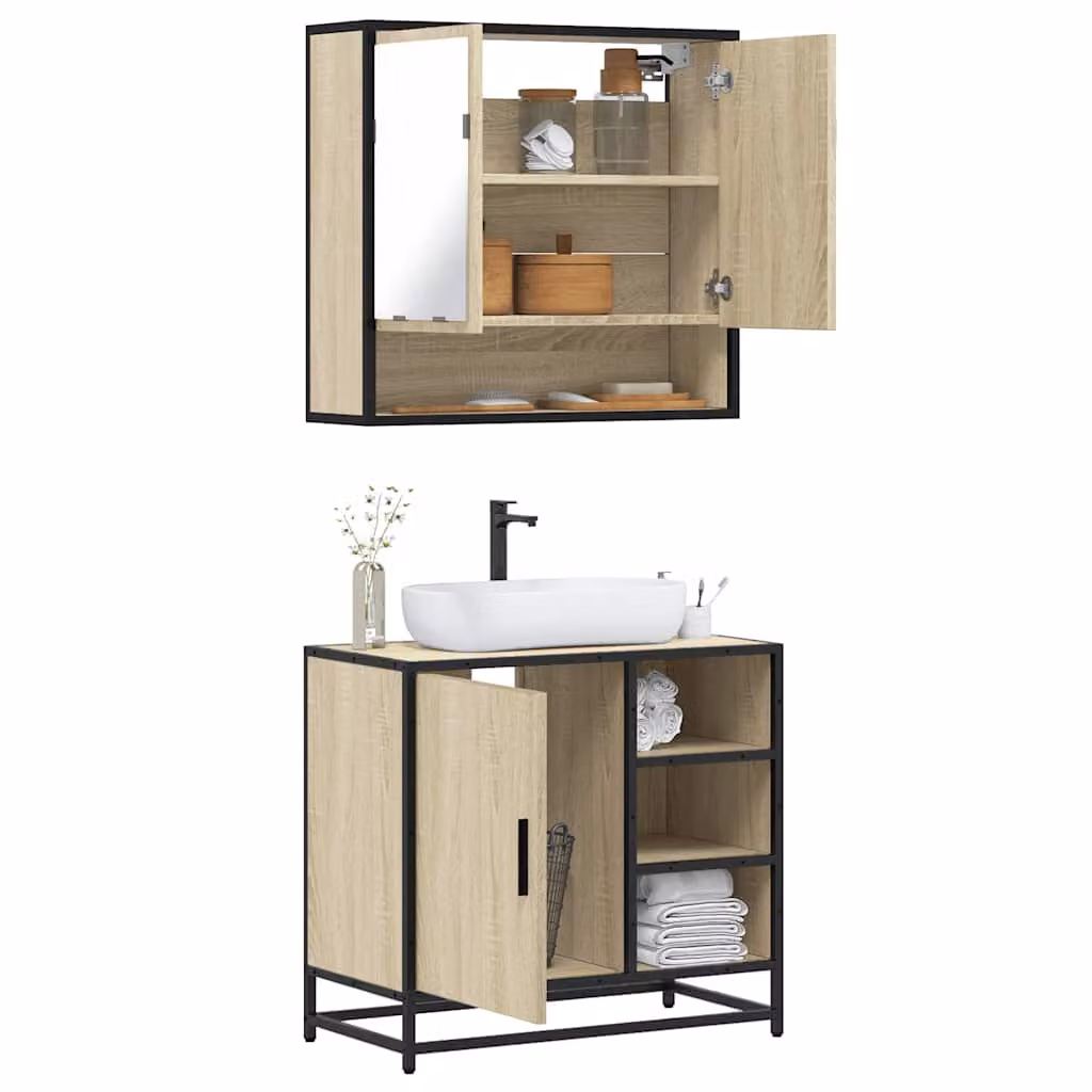 Set di mobili da bagno vidaXL 2 pezzi in stile industrial marrone con mobile lavabo e armadietto con specchio e illuminazione LED in legno e metallo – 1