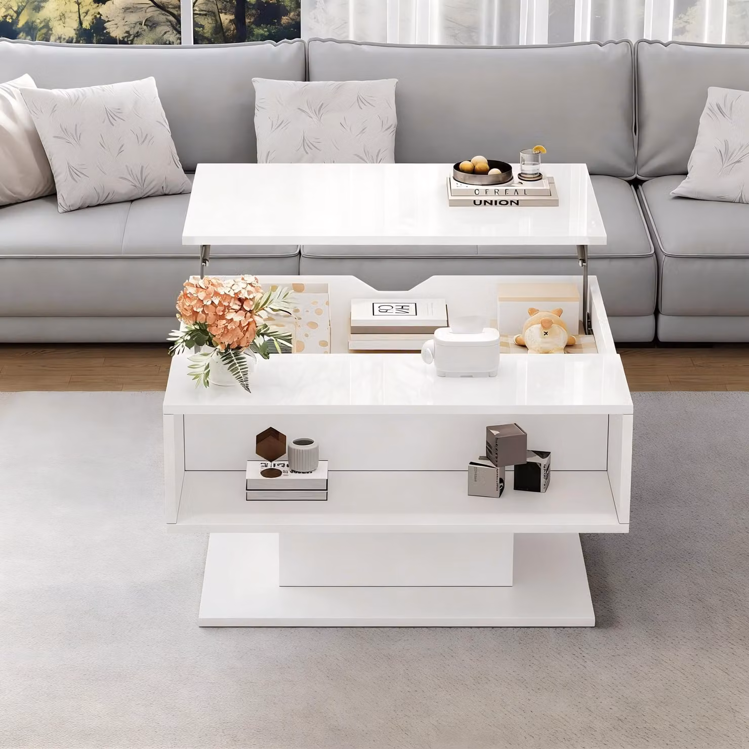 Tavolino da caffè, dimensioni 80 x 75 x 40 cm, realizzato in pannello di particelle di legno al 100%, colore bianco, con piano sollevabile fino a 54 cm, dotato di spazio contenitivo nascosto, ripiano semiaperto e illuminazione LED