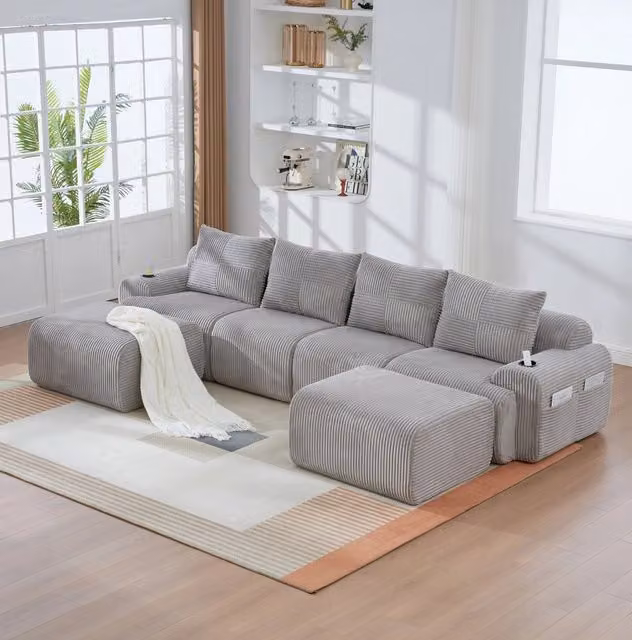 Divano modulare ULEVR 4 posti 333x174x80 cm, in velluto a coste grigio chiaro con portabicchieri