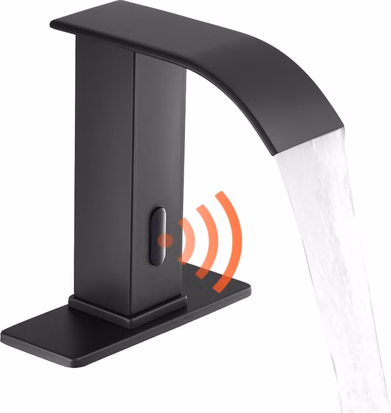 Miscelatore automatico per lavabo - Rubinetto a sensore - Infrarossi - Funzionamento a batteria - Con piastra di copertura - Bocca a cascata - Per bagno e uso commerciale - Nero opaco