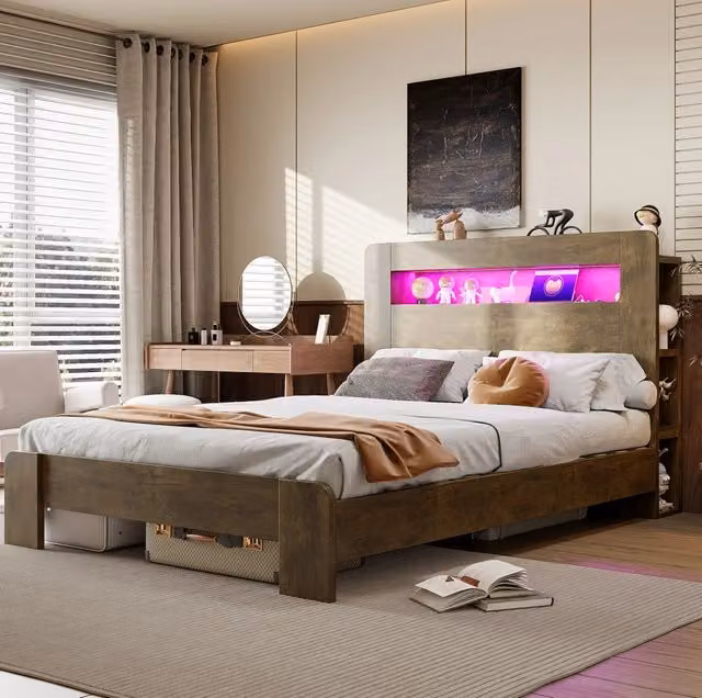 Letto 140 x 200 cm effetto legno, struttura in legno con testiera contenitore e LED