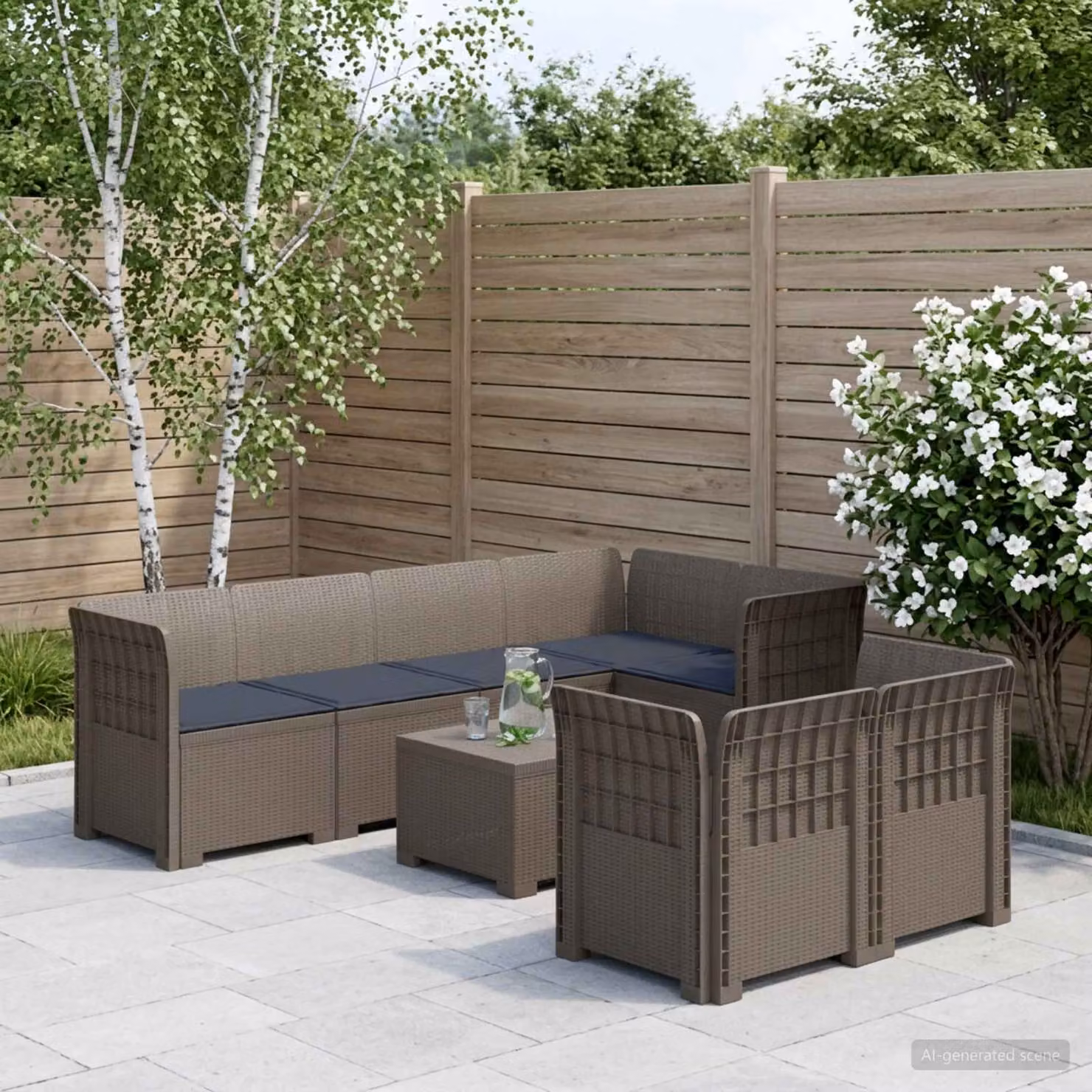 Divano da giardino a L vidaXL per 7 persone in polyrattan con cuscini rimovibili, grigio e marrone