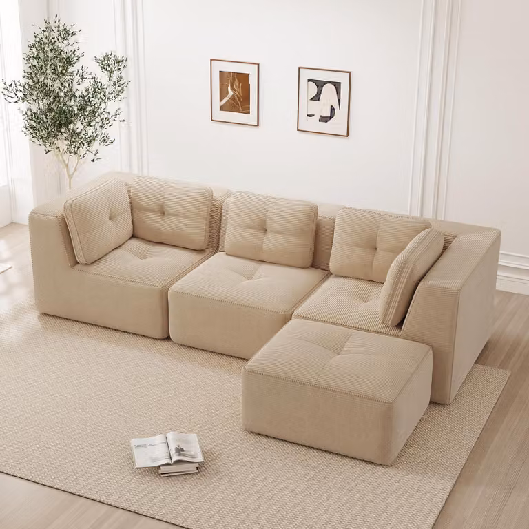 Divano angolare a forma di L, senza cornice, rivestito in tessuto Cord, con poggiapiedi, tre posti, seduta profonda, non richiede montaggio (beige)