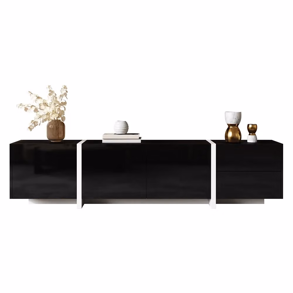 Mobile TV Xylo moderno con illuminazione LED integrata, finitura nero lucido e piedi bianchi, L: 170 cm, P: 39 cm, H: 30 cm – 2