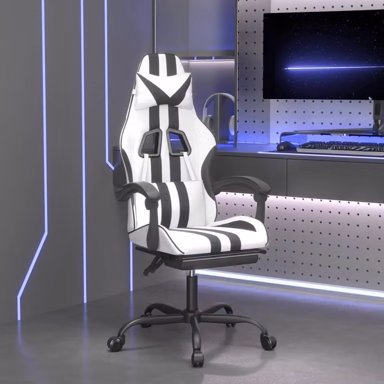 Sedia da Gaming vidaXL in Similpelle Bianco e Nero con Poggiapiedi e Ruote