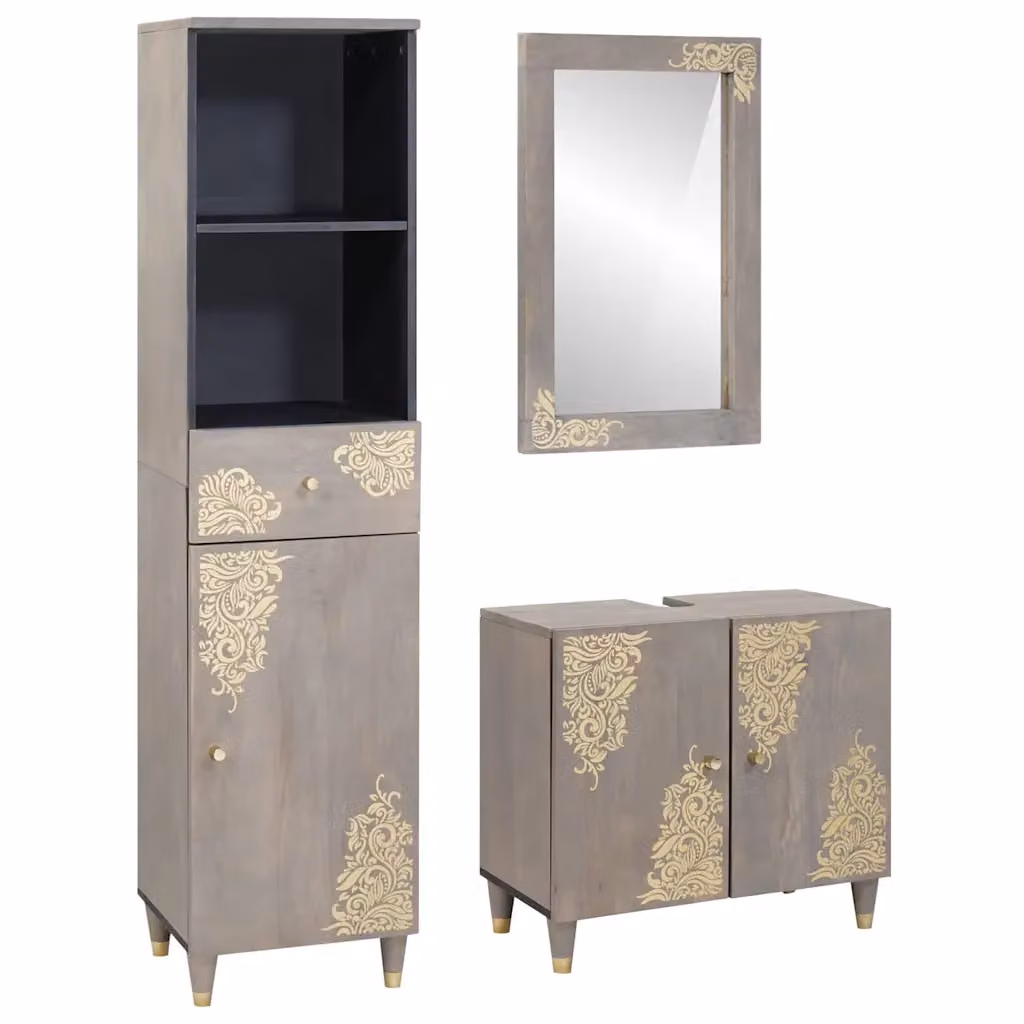 Set di 3 mobili da bagno vidaXL in legno di mango massello stile rustico, colore grigio e oro, con lavabo, colonna e specchiera a parete