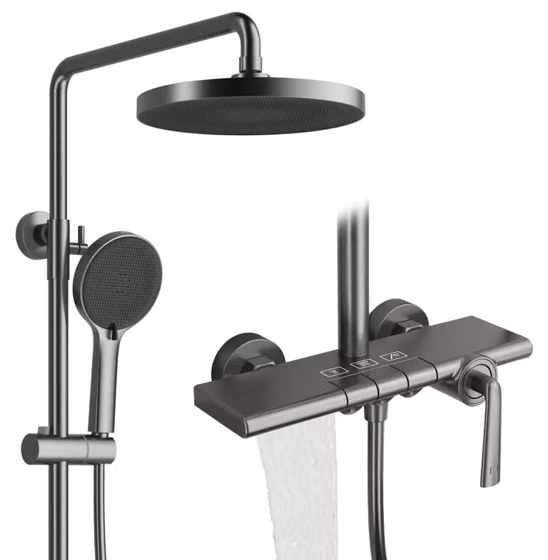 Sistema doccia con comandi a tasti, soffione a pioggia da 252 mm, 4 modalità, miscelatore a cascata