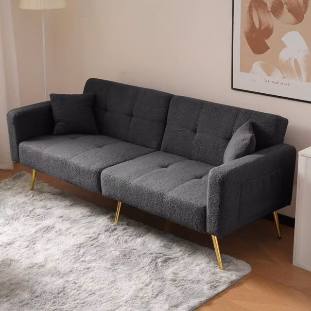 Divano letto reclinabile MIVRAY in tessuto sherpa grigio con gambe dorate e schienale regolabile a 3 angolazioni L: 175 cm, P: 72 cm, H: 64 cm