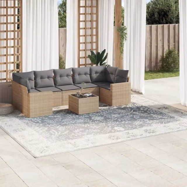 vidaXL Set Divano da Giardino 8 pz a Forma di L in Polyrattan con Cuscini Beige e Tavolino