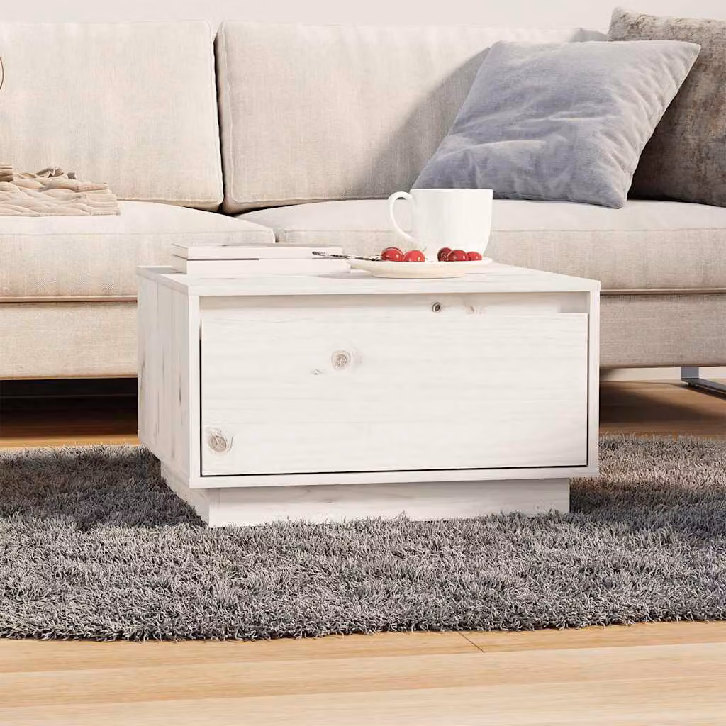 vidaXL Tavolino da Salotto Bianco in Legno di Pino Massello L: 55 cm, P: 56 cm, H: 32 cm