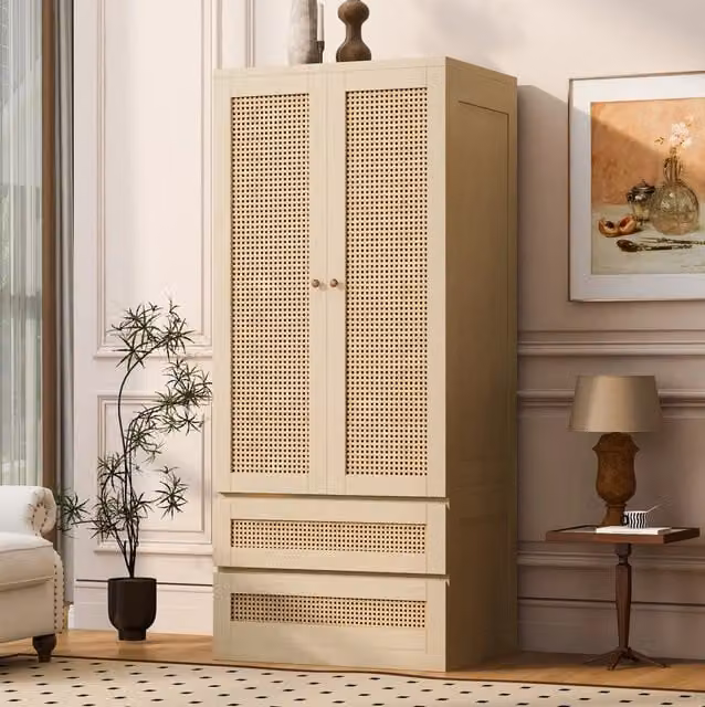 Armadio a doppia anta 70x55x170 cm in legno colore legno; con 2 cassetti ed effetto rattan