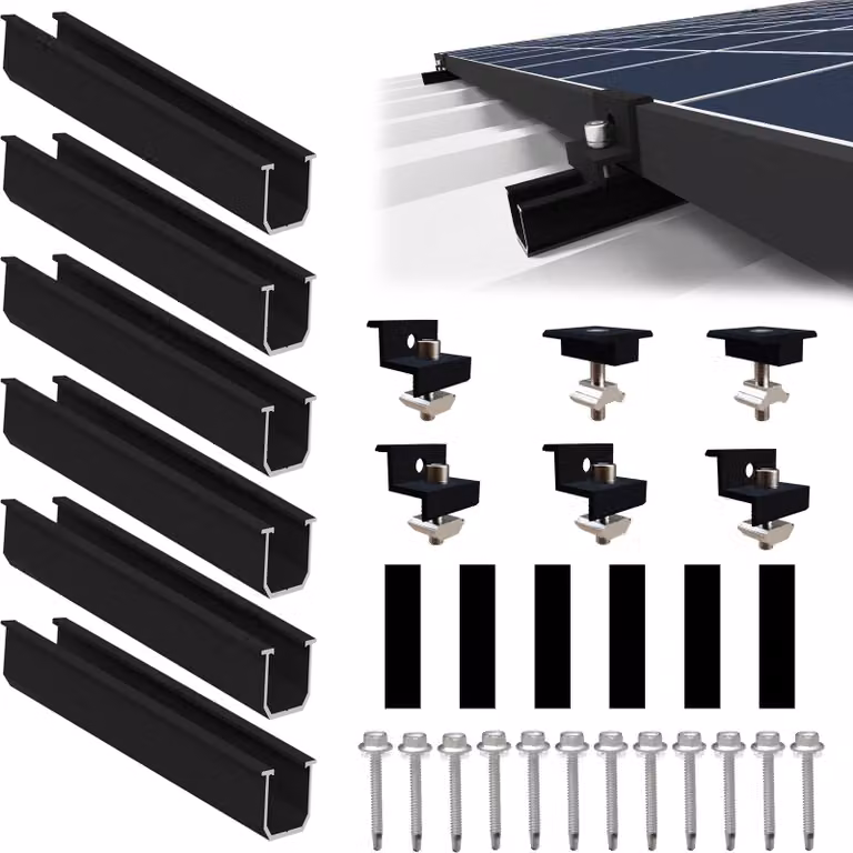 Kit di montaggio fotovoltaico per 2 moduli, binario da 12 cm, alluminio, colore nero