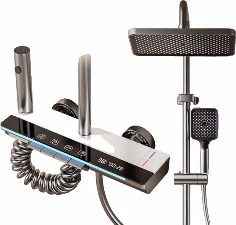 Set doccia, display digitale della temperatura, regolabile in altezza, bianco caldo/freddo