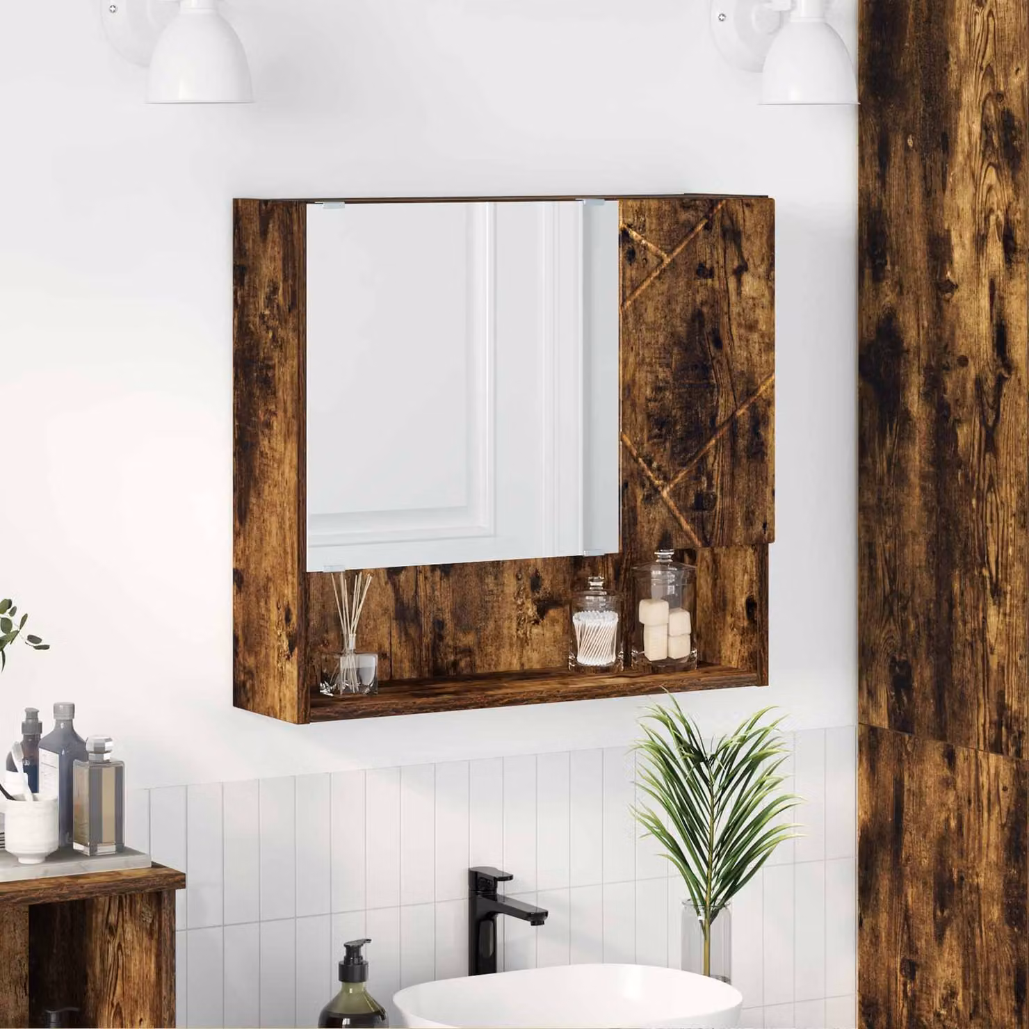 Mobiletto per specchio vidaXL in Rovere fumé con specchio e ripiani interni, L: 59 cm, P: 17 cm, H: 55 cm