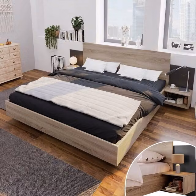 Letto matrimoniale 160x200 - Xylo - Comodini integrati colore grigio scuro