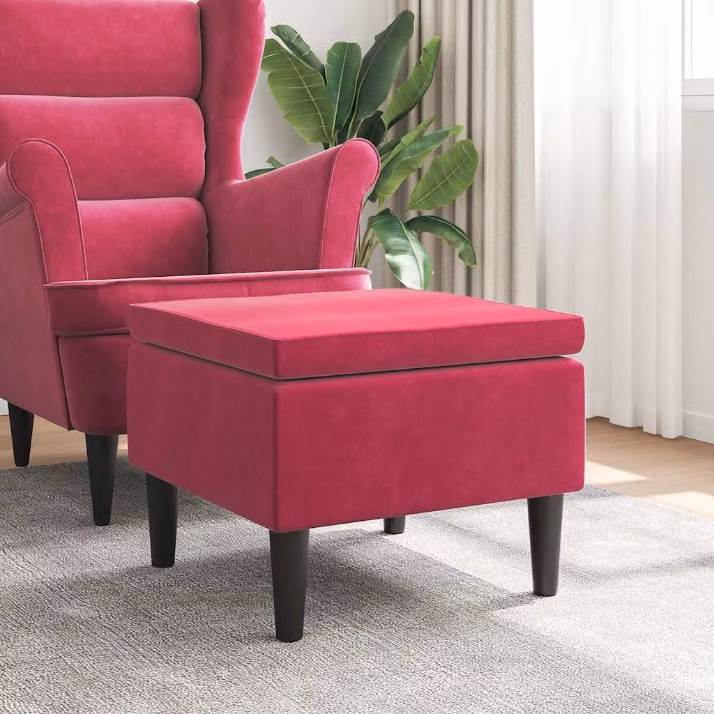 Poggiapiedi vidaXL in Velluto Rosso con Gambe in Legno L: 52 cm, P: 42 cm, H: 42 cm