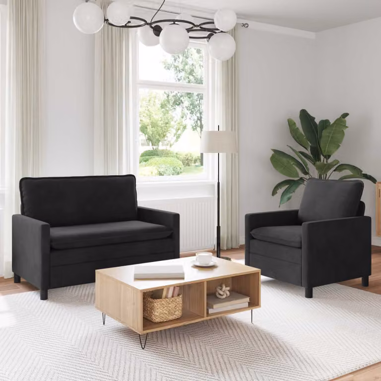 Set di 2 divani moderni vidaXL in velluto nero con cuscini inclusi e coperture rimovibili