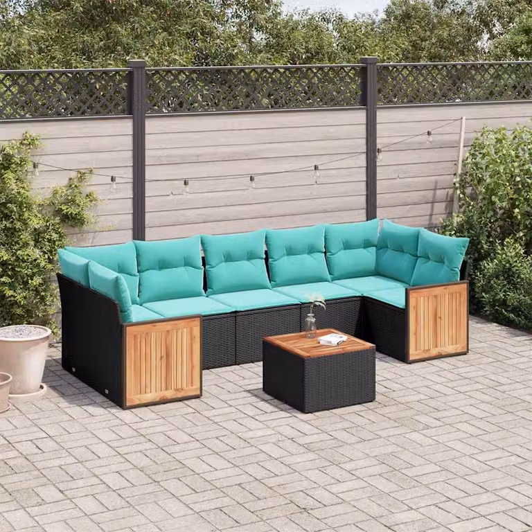 Set da giardino vidaXL in polyrattan nero composto da 8 pezzi con cuscini imbottiti e tavolino da caffè