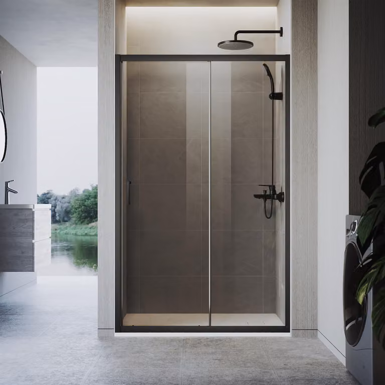 Cabina doccia SONNI 100 x 185 cm in nero opaco, porta scorrevole, binario superiore e inferiore, vetro grigio da 5 mm, telaio della porta con posizione di regolazione -20 mm
