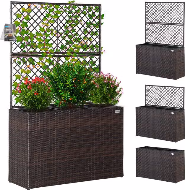 Fioriera con traliccio Casaria® in polyrattan marrone con struttura in acciaio e plastica, L: 83 cm, P: 30,5 cm, H: 146 cm – 1