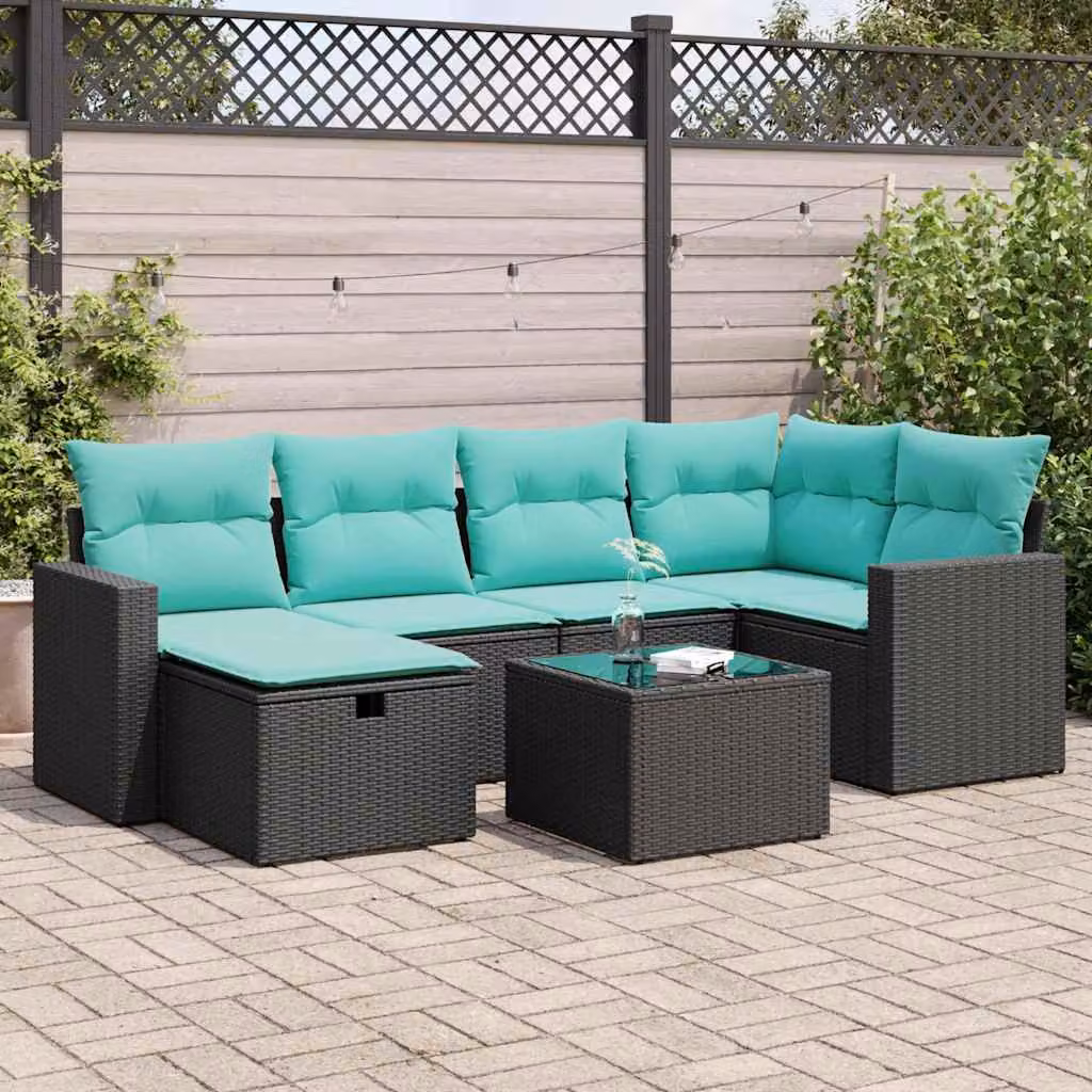 Set Divano da Giardino a L vidaXL con 7 Pezzi, Polyrattan e Cuscini, Nero