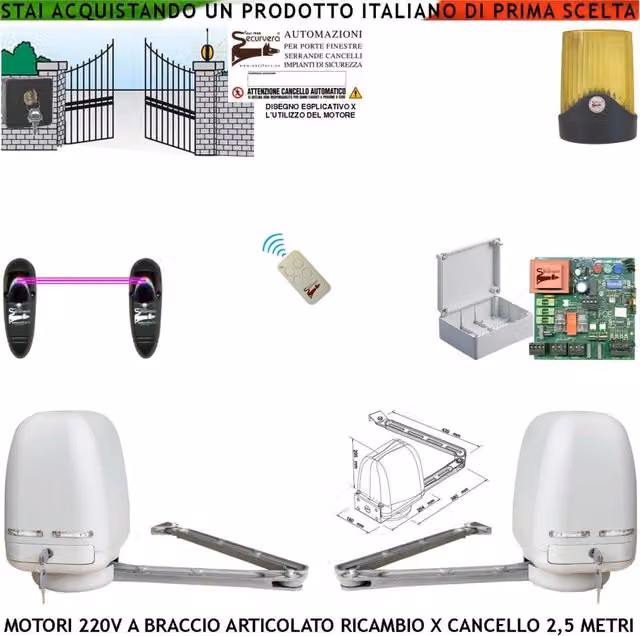 Apricancello 2 Motori Braccio Snodato Articolato 220 V Cancello Automatico 5 MT 2 Ante da 0,5 Fino a 2,5 Metri Centrale CBR Radiocomando Fotocellule Selettore