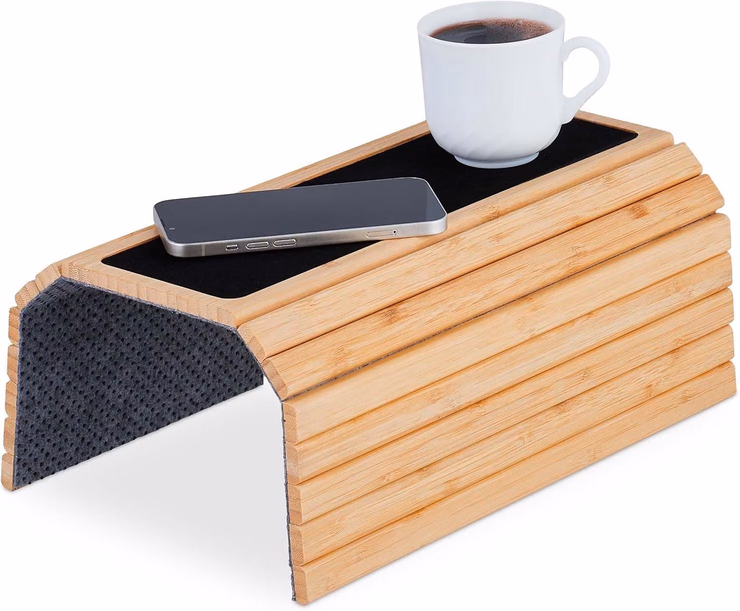 Tavolino portaoggetti da bracciolo - Bambù - Tavolino da fissare al bracciolo del divano - Larghezza x Profondità: 42 x 34 cm - Tavolino flessibile per divano - Divano - Naturale