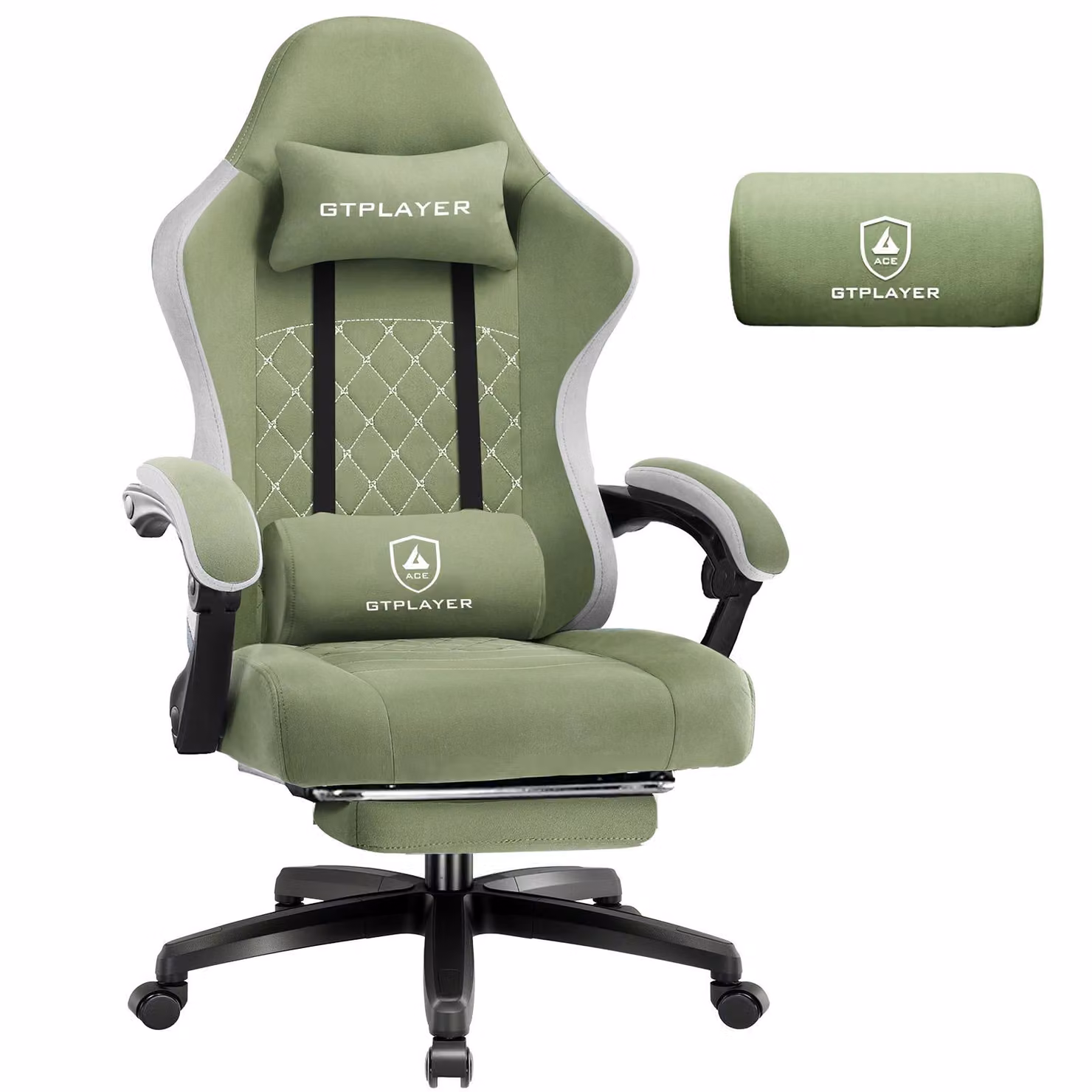 Sedia da gaming GTPLAYER, rivestita in tessuto, con imbottitura a molle, sedia girevole ergonomica, sedia da gaming con poggiapiedi, capacità di carico fino a 150 kg, colore verde